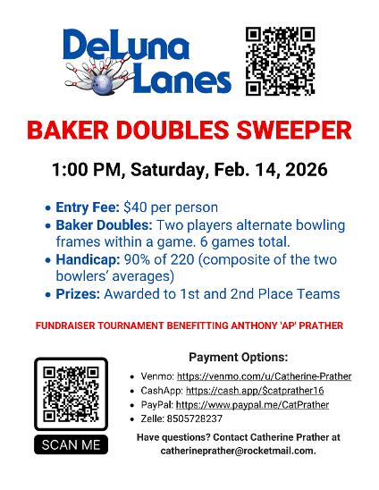 It's time to team up! The Sweetheart Sweeper Baker Doubles Tournament rolls on Saturday, February 14 at 1 PM! 🎳🏆 In Baker Doubles, two bowlers alternate frames within the same game. There will be six games total and prizes will be awarded to the 1st and 2nd place teams. Here's the link to the online registration form: https://forms.gle/DLuzBKAphHGQsT9j8. If you have questions, contact Catherine Prather at catherineprather@rocketmail.com or call us at 850-478-9522.