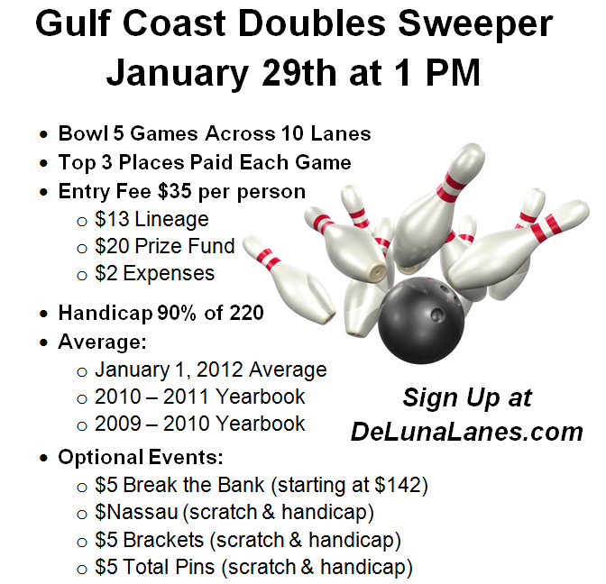 Gulf Coast Double Sweeper Jan. 29th at 1PM